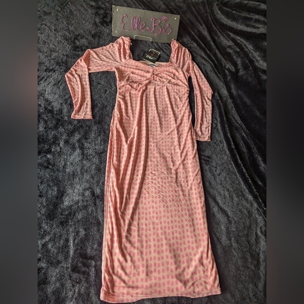 NWT House of Aama Pink Sheer Long Sleeve Polka Dot Midi Dress S